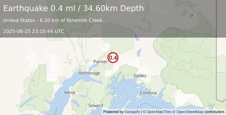 Earthquake 13 km ESE of Chickaloon, Alaska (0.4 ml) (2025-06-25 23:10:44 UTC)