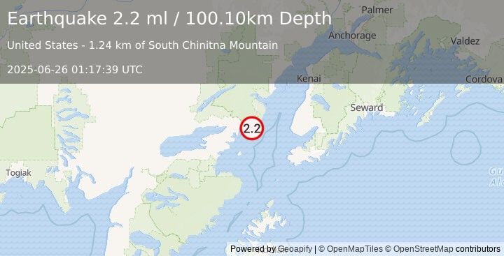 Earthquake 59 km E of Pedro Bay, Alaska (2.2 ml) (2025-06-26 01:17:39 UTC)