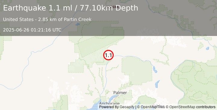 Earthquake 48 km N of Chase, Alaska (1.1 ml) (2025-06-26 01:21:16 UTC)