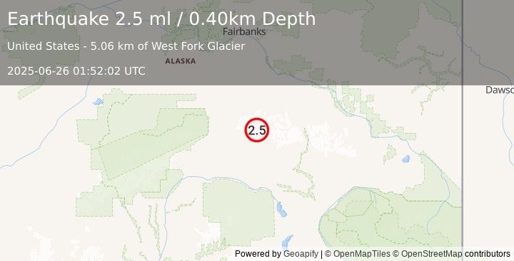 Earthquake 82 km E of Cantwell, Alaska (2.5 ml) (2025-06-26 01:52:02 UTC)