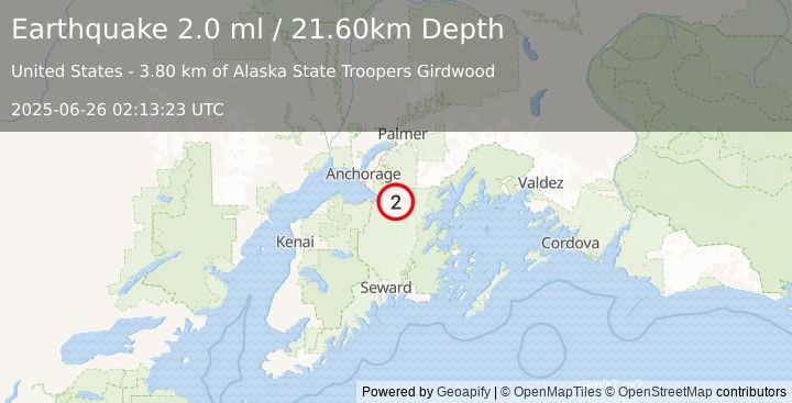 Earthquake 4 km W of Girdwood, Alaska (2.0 ml) (2025-06-26 02:13:23 UTC)
