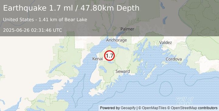 Earthquake 24 km NE of Sterling, Alaska (1.7 ml) (2025-06-26 02:31:46 UTC)