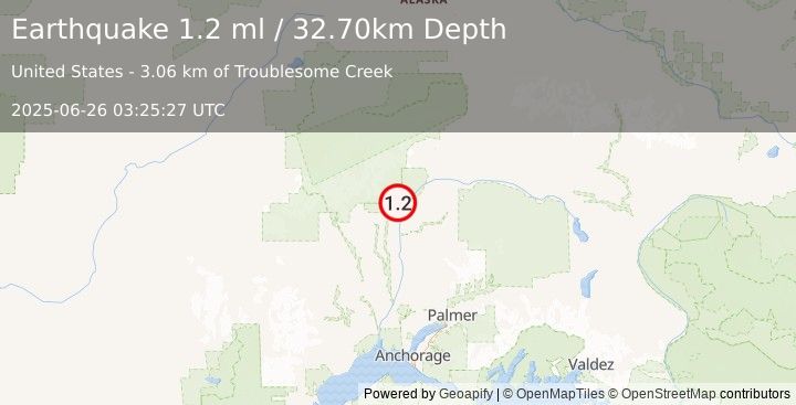 Earthquake 22 km NNW of Chase, Alaska (1.2 ml) (2025-06-26 03:25:27 UTC)