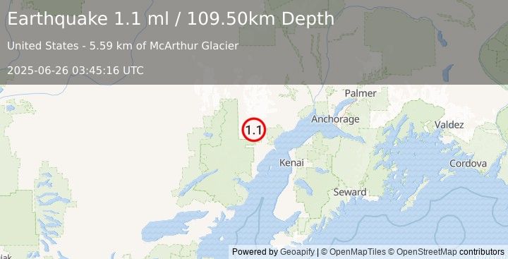 Earthquake 69 km W of Tyonek, Alaska (1.1 ml) (2025-06-26 03:45:16 UTC)