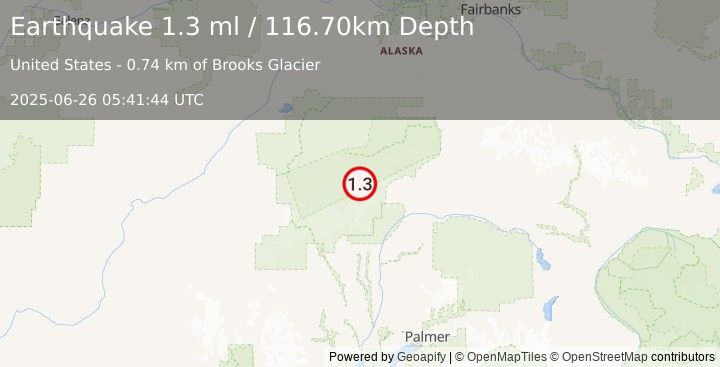 Earthquake 71 km SE of Denali National Park, Alaska (1.3 ml) (2025-06-26 05:41:44 UTC)