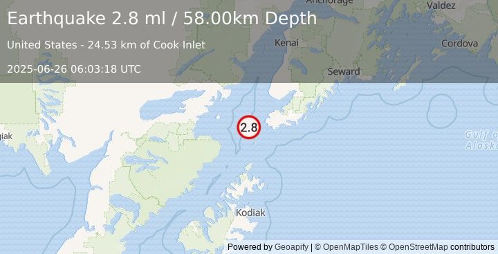 Earthquake 34 km WSW of Nanwalek, Alaska (2.8 ml) (2025-06-26 06:03:18 UTC)