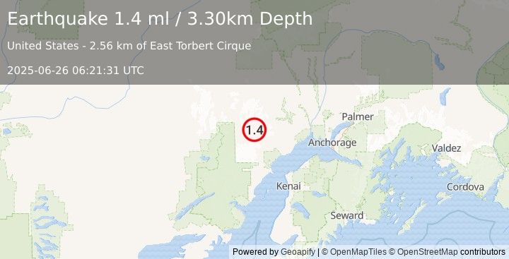 Earthquake 72 km WNW of Beluga, Alaska (1.4 ml) (2025-06-26 06:21:31 UTC)