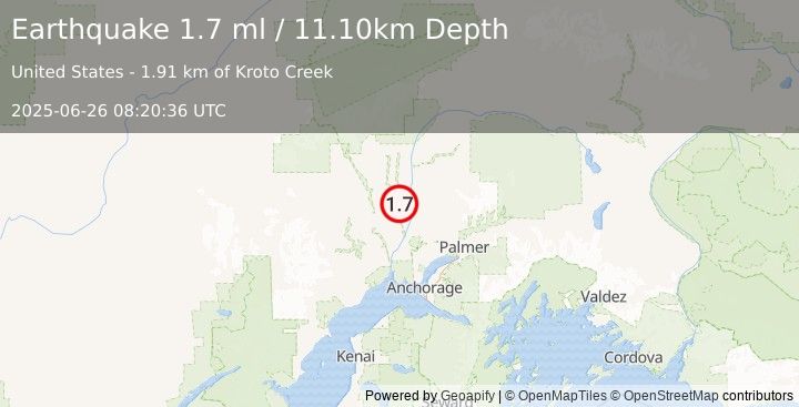 Earthquake 33 km WSW of Susitna North, Alaska (1.7 ml) (2025-06-26 08:20:36 UTC)