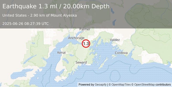 Earthquake 9 km ENE of Girdwood, Alaska (1.3 ml) (2025-06-26 08:27:39 UTC)