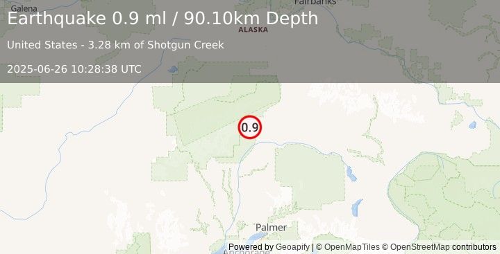 Earthquake 54 km SW of Cantwell, Alaska (0.9 ml) (2025-06-26 10:28:38 UTC)