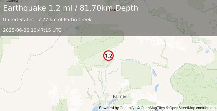 Earthquake 59 km N of Chase, Alaska (1.2 ml) (2025-06-26 10:47:15 UTC)