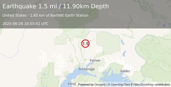 Earthquake 5 km E of Talkeetna, Alaska (1.5 ml) (2025-06-26 10:55:02 UTC)