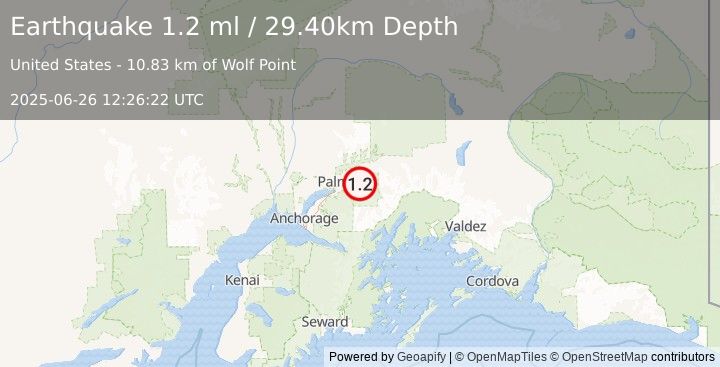 Earthquake 15 km ESE of Lazy Mountain, Alaska (1.2 ml) (2025-06-26 12:26:22 UTC)