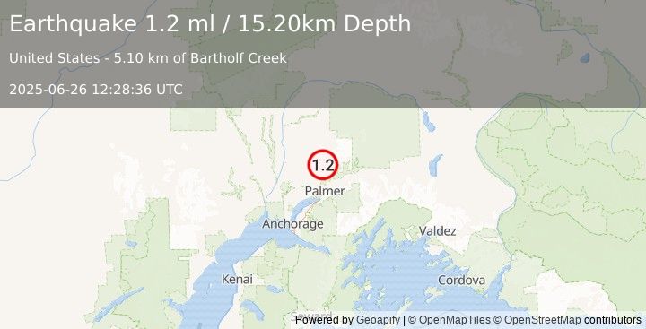 Earthquake 18 km NNE of Fishhook, Alaska (1.2 ml) (2025-06-26 12:28:36 UTC)