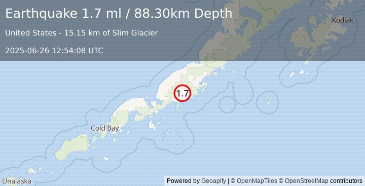 Earthquake 19 km NNE of Ivanof Bay, Alaska (1.7 ml) (2025-06-26 12:54:08 UTC)