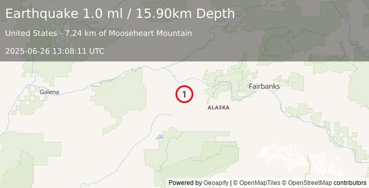Earthquake 41 km SW of Manley Hot Springs, Alaska (1.0 ml) (2025-06-26 13:08:11 UTC)