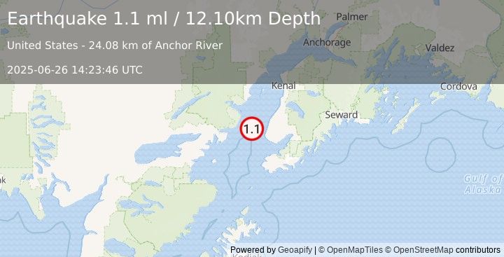Earthquake 26 km WNW of Anchor Point, Alaska (1.1 ml) (2025-06-26 14:23:46 UTC)