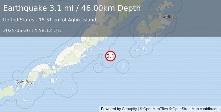 Earthquake 116 km E of Chignik, Alaska (3.1 ml) (2025-06-26 14:58:12 UTC)