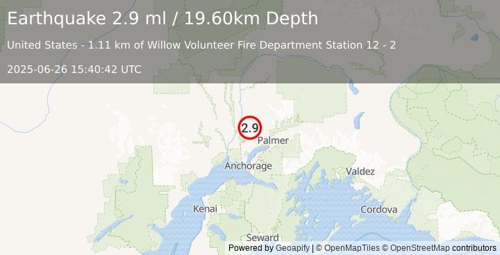 Earthquake 11 km ENE of Willow, Alaska (2.9 ml) (2025-06-26 15:40:42 UTC)