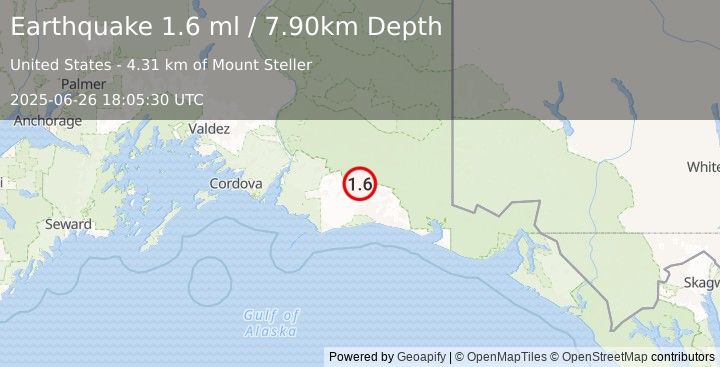 Earthquake 99 km S of McCarthy, Alaska (1.6 ml) (2025-06-26 18:05:30 UTC)