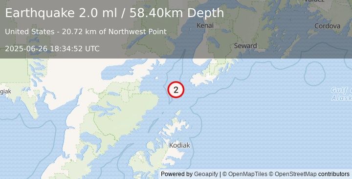 Earthquake 46 km SW of Nanwalek, Alaska (2.0 ml) (2025-06-26 18:34:52 UTC)
