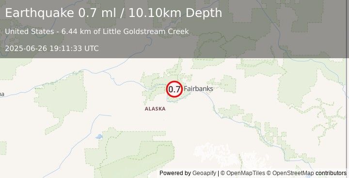 Earthquake 29 km NNE of Four Mile Road, Alaska (0.7 ml) (2025-06-26 19:11:33 UTC)