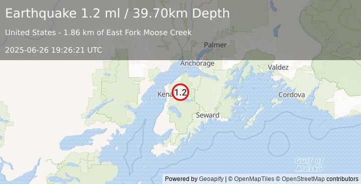 Earthquake 10 km NE of Sterling, Alaska (1.2 ml) (2025-06-26 19:26:21 UTC)