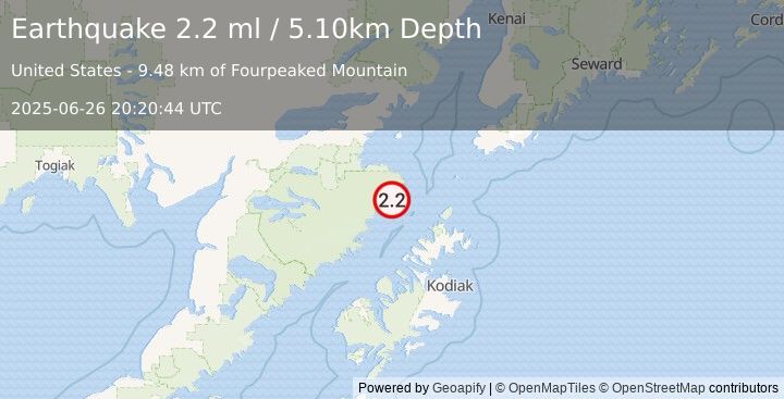 Earthquake 81 km NNW of Aleneva, Alaska (2.2 ml) (2025-06-26 20:20:44 UTC)
