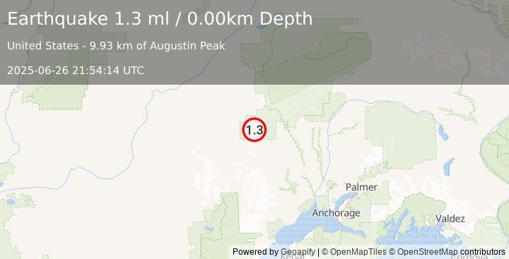 Earthquake 73 km NW of Skwentna, Alaska (1.3 ml) (2025-06-26 21:54:14 UTC)