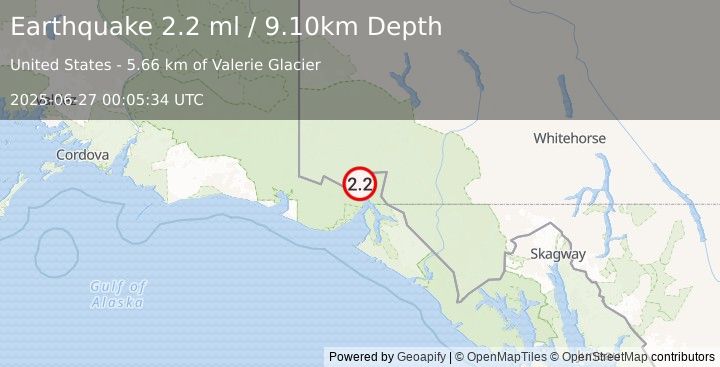 Earthquake 75 km N of Yakutat, Alaska (2.2 ml) (2025-06-27 00:05:34 UTC)