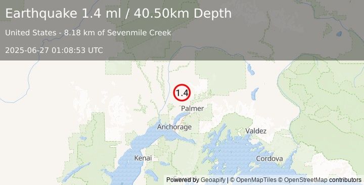 Earthquake 26 km NW of Fishhook, Alaska (1.4 ml) (2025-06-27 01:08:53 UTC)