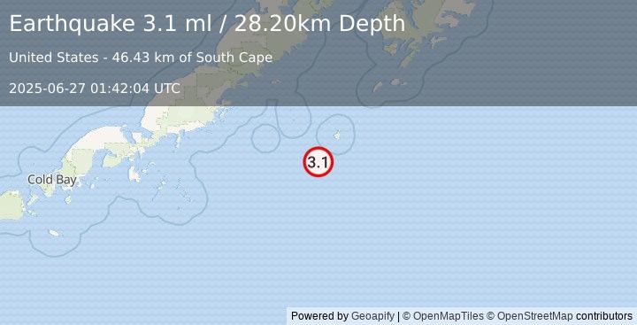Earthquake 172 km SE of Chignik, Alaska (3.1 ml) (2025-06-27 01:42:04 UTC)