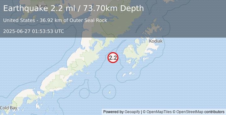Earthquake 72 km SW of Karluk, Alaska (2.2 ml) (2025-06-27 01:53:53 UTC)