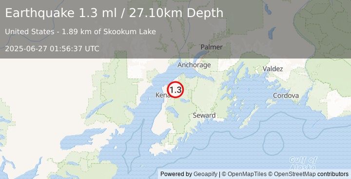 Earthquake 15 km N of Sterling, Alaska (1.3 ml) (2025-06-27 01:56:37 UTC)