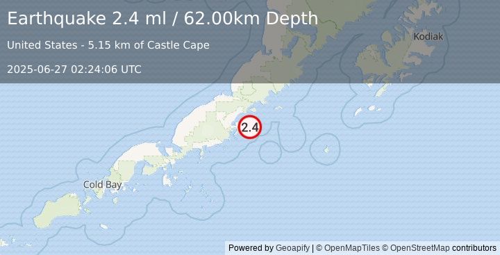 Earthquake 23 km ESE of Chignik, Alaska (2.4 ml) (2025-06-27 02:24:06 UTC)
