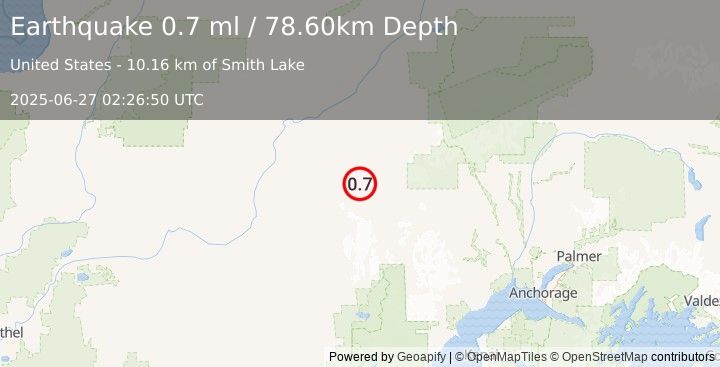 Earthquake 77 km SSE of Nikolai, Alaska (0.7 ml) (2025-06-27 02:26:50 UTC)