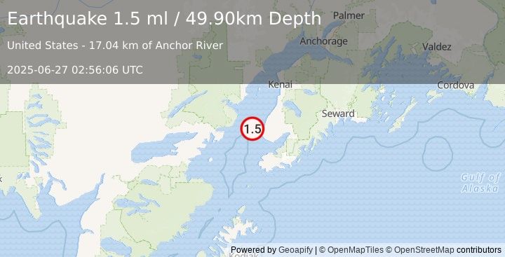 Earthquake 19 km WNW of Anchor Point, Alaska (1.5 ml) (2025-06-27 02:56:06 UTC)