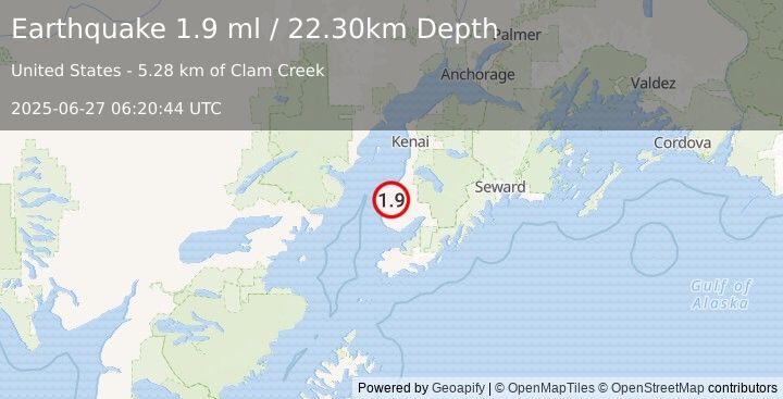 Earthquake 5 km ENE of Happy Valley, Alaska (1.9 ml) (2025-06-27 06:20:44 UTC)