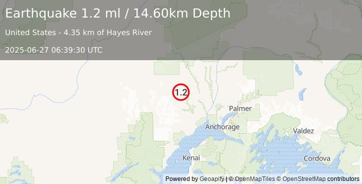Earthquake 16 km WSW of Skwentna, Alaska (1.2 ml) (2025-06-27 06:39:30 UTC)