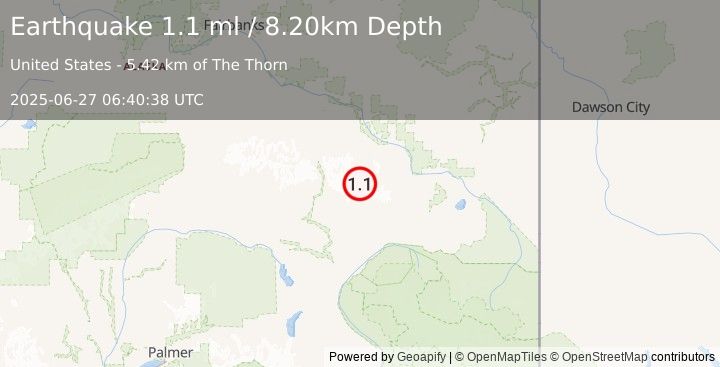 Earthquake 40 km SSW of Dry Creek, Alaska (1.1 ml) (2025-06-27 06:40:38 UTC)