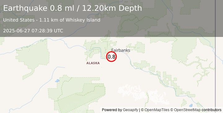 Earthquake 28 km SW of Ester, Alaska (0.8 ml) (2025-06-27 07:28:39 UTC)