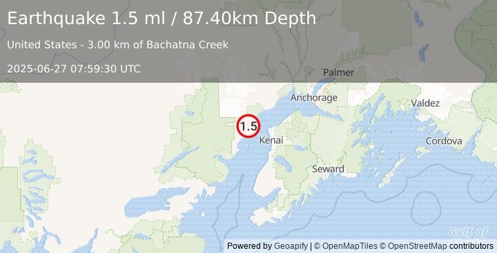 Earthquake 38 km WNW of Nikiski, Alaska (1.5 ml) (2025-06-27 07:59:30 UTC)