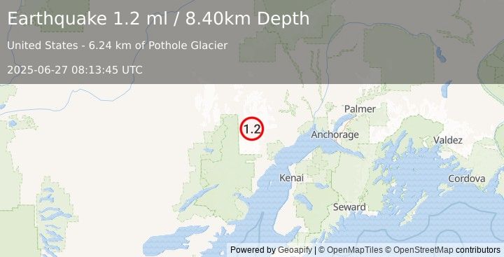 Earthquake 77 km WNW of Tyonek, Alaska (1.2 ml) (2025-06-27 08:13:45 UTC)