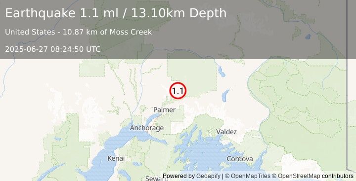 Earthquake 22 km N of Chickaloon, Alaska (1.1 ml) (2025-06-27 08:24:50 UTC)