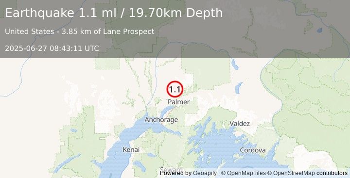 Earthquake 14 km N of Fishhook, Alaska (1.1 ml) (2025-06-27 08:43:11 UTC)