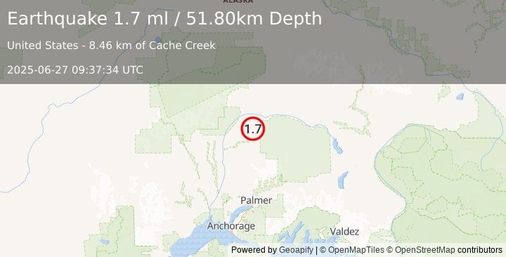 Earthquake 50 km ENE of Chase, Alaska (1.7 ml) (2025-06-27 09:37:34 UTC)