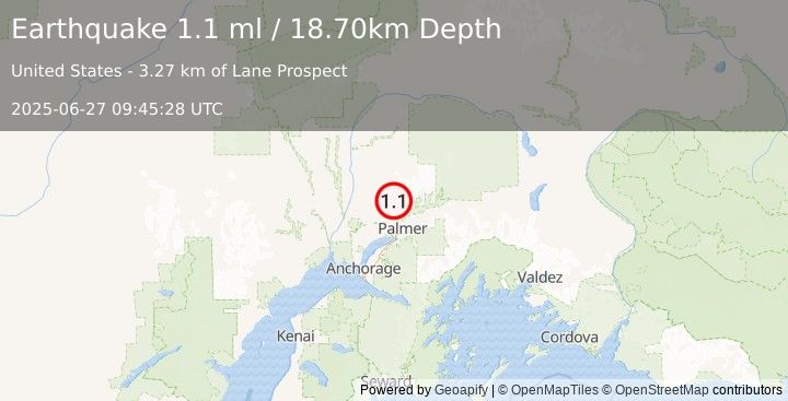 Earthquake 13 km N of Fishhook, Alaska (1.1 ml) (2025-06-27 09:45:28 UTC)