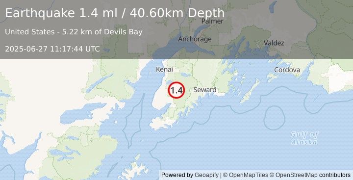Earthquake 29 km NNE of Fox River, Alaska (1.4 ml) (2025-06-27 11:17:44 UTC)