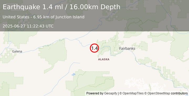 Earthquake 18 km SSE of Manley Hot Springs, Alaska (1.4 ml) (2025-06-27 11:22:43 UTC)