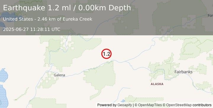 Earthquake 67 km WNW of Tanana, Alaska (1.2 ml) (2025-06-27 11:28:11 UTC)